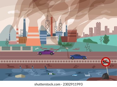 Vector background with environmental pollution. Factory plant smokes with smog, trash emission from pipes to river water. Ecology, nature concept