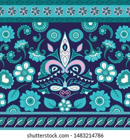Vector background with ethnic indian kalamkari ornament. Floral paisley decorative pattern. Ornamental folk design in oriental style