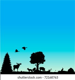 Vector background with European wildlife : plants, birds and animals
