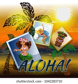 Vector background with evening Hawaiian scenery and three frames with images of Hawaiian dancer Hulu, surfer and totem tiki. Palms, the sea, the sun in the form of traditional patterns.