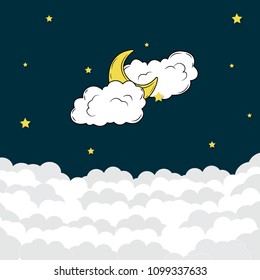Vector background with evening sky. Moon and stars in the clouds.