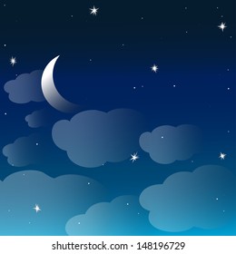 Vector background with evening sky. Moon and stars in the clouds.