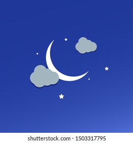 Vector background with evening sky. Moon and stars in the clouds.