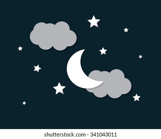 Vector Background With Evening Sky. Moon And Stars In The Clouds.