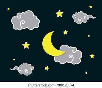 Vector background with evening sky. Moon and stars in the clouds.