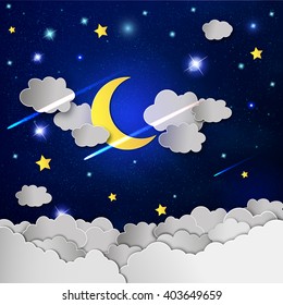 Vector background with evening sky. Moon and stars in the clouds.