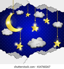 Vector background with evening sky. Moon and stars in the clouds.