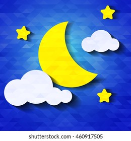 Vector background with evening sky. Moon and stars in the clouds.