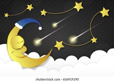 Vector background with evening sky. Moon and stars in the clouds.