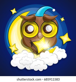Vector background with evening sky. Moon and owl in the clouds.