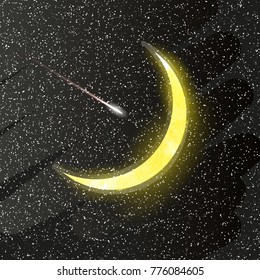 Vector background with evening sky. Moon and stars in the clouds.