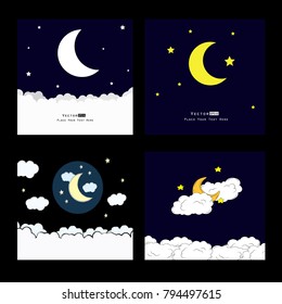 Vector background with evening sky set . Moon and stars in the clouds.