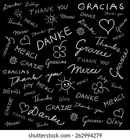 Vector background evocative black board with a handwritten thnak you in English, German, French, Spanish, Italian and Czech - "Thank you", "Danke", "Gracias", "Grazie", "Merci", "Dekuji". Eps 10.