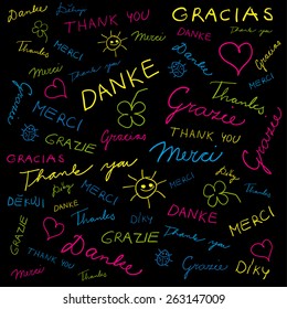 Vector background evocative black board with a handwritten thnak you in English, German, French, Spanish, Italian and Czech. Eps 10.