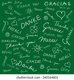 Vector background evocative green board with a handwritten thnak you  in English, German, French, Spanish, Italian and Czech. Thank you, Danke, Gracias, Grazie, Merci, Dekuji. Eps 10.