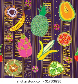 Vector background with exotic fruits. Sketchy style illustration for menu, postcard, flyer, cafe