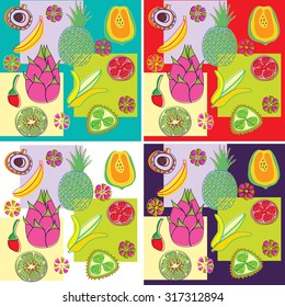 Vector background with exotic fruits. Sketchy style illustration with squares for menu, postcard, flyer, cafe. 
