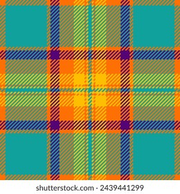 Vector background fabric of plaid check tartan with a seamless pattern texture textile in teal and bright colors.