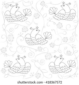Vector background with fabulous birds and lace pattern on a white background