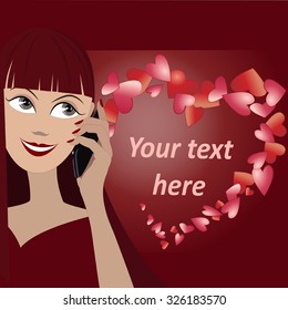 Vector background with face of girl speaking by phone and many hearts in shape of heart