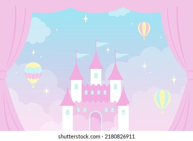 vector background with a fairy tale castle in cloudy sky for banners, cards, flyers, social media wallpapers, etc.