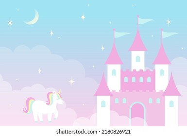 vector background with a fairy tale castle in cloudy sky for banners, cards, flyers, social media wallpapers, etc.