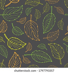 Vector background with falling leaves. Autumn Seamless pattern. Hand drawn leaves on dark gray. Perfect for packaging, wrapping, wallpaper, menu, logo, fabric, party decor, scrapbooking, invitation