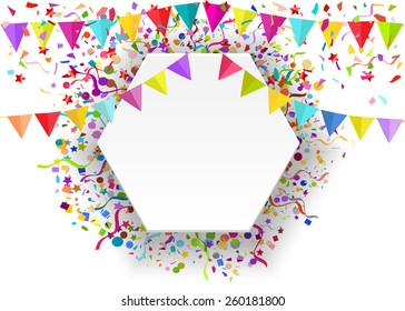 Vector background of falling tiny confetti pieces and colored pennants on white banner, place for Your text.