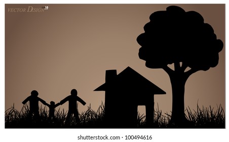 Vektorhintergrund mit Familie, Haus, Baum und Gras. Vektorgrafik.