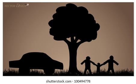 Vector background with family, house, tree and grass. Vector Illustration.