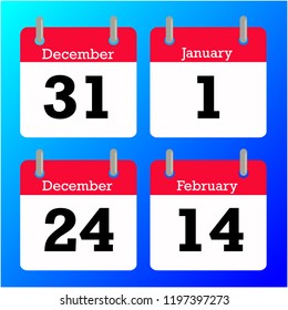 Vector background of Famous and popular Holiday Festival Date and month for Christmas New Year and Valentine's Day shown by flat simple calendar on blue green gradient backdrop.