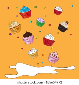 Vector background with Fancy Sketchy colorful Cupcakes