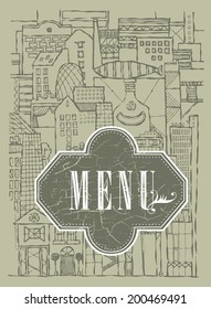 Vector background fantasy city of  imagination. Hand drawn image for restaurant, cafe menu or cover for book