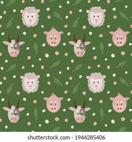 Vector background of farm animals. Cute cartoon-style portraits. Isolated pattern for children's textiles. Vector illustration