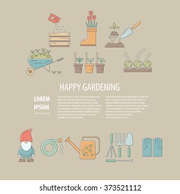 Vector background with farming, gardening and agriculture elements. Colorful template for garden centers, shops, market. Vector flat illustration. 