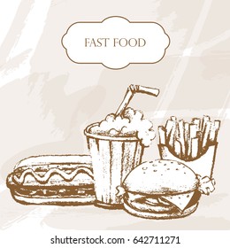 Vector background with fast food in grunge style