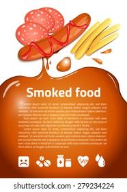 Vector background. Fast food poster. Health care. Smoked. Sausage and french fries.