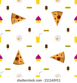 Vector background for fast food. Seamless vector pattern with colored icons for fast food on white background.