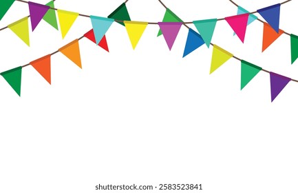 The vector background featured colorful flags, perfectly capturing the essence of a birthday celebration with vibrant hues and festive decorations for an unforgettable event.

