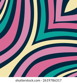 A vector background features bold, curved bands of color emanating from the top right corner. The colors include dark blue, pink, teal, and pale yellow, creating a retro and slightly psychedelic vibe.