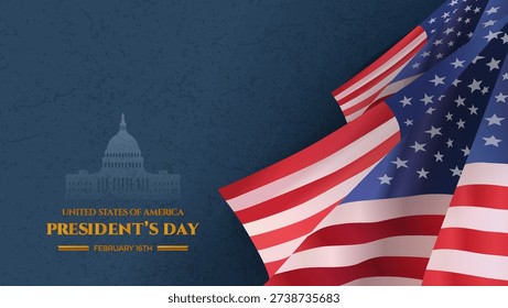 Vector background features flowing American flags and the Capitol building silhouette against a textured dark blue surface, perfect for celebrating Presidents Day and national events.