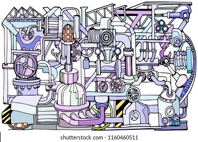 Vector background featuring abstract industry or steampunk concept. Fantasy technology or factory illustration with decorative machine sketch elements. 
Hand drawn.