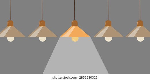 Vector background featuring five minimalist hanging lamps against a grey backdrop, with one center lamp glowing bright yellow and casting a spotlight downwards. Symbolizes unique ideas, standing out, creative inspiration, innovation, leadership, and solution focus. Ideal for creative agency banners, pitch decks, business strategy layouts, and conceptual design backgrounds.   