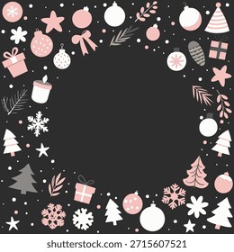 Fondo de Vector con Elementos de Navidades minimalistas dibujados a mano en tonos pastel sobre un fondo oscuro. El diseño crea un ambiente elegante, acogedor y festivo