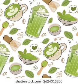 Vector background featuring a seamless matcha pattern with hand-drawn green tea elements — ideal for textiles, café wallpapers, wall art, and packaging design.