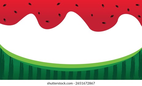 Vector background featuring a watermelon border with pulp, seeds, and green rind, with copy space