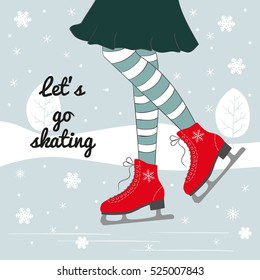 Vector background with feet in figure skates on the winter background with text "Let's go skating".