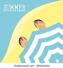 vector background feet in slippers on the background of the beach and the beach umbrella top view. Summer Time Background. Sunny Beach in Flat Design Style Vector Illustration 