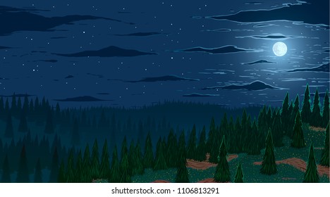 Vector background. Fir forest in hilly mountains with meadows at starry moonlight night.
