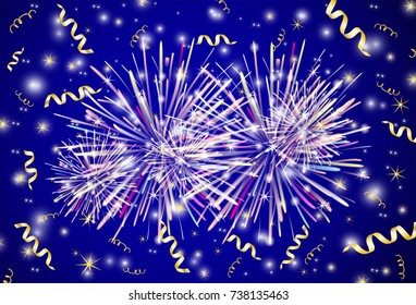 Vector background from the fireworks and gold ribbons.